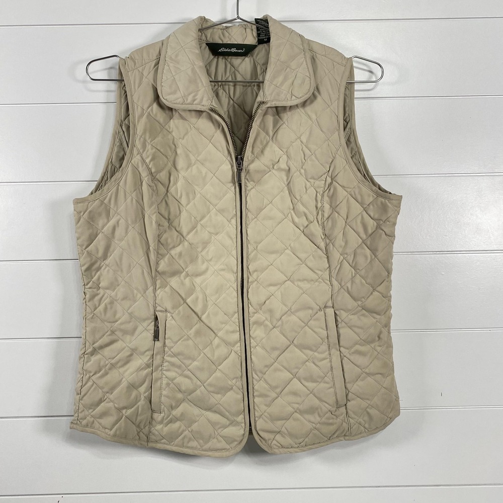Eddie Bauer Vest Womens Medium Beige Quilted Goose Down Puffer‎ Sleeveless Zip
